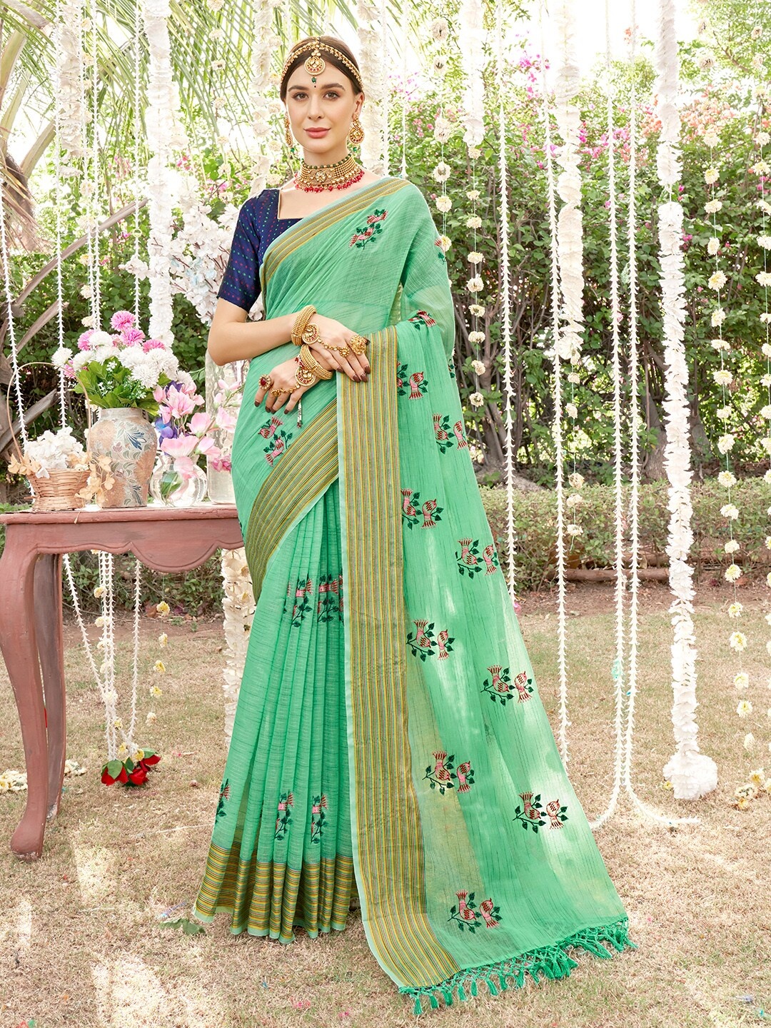 

Anouk Rustic Lime Green & Pink Floral Embroidered Chanderi Saree