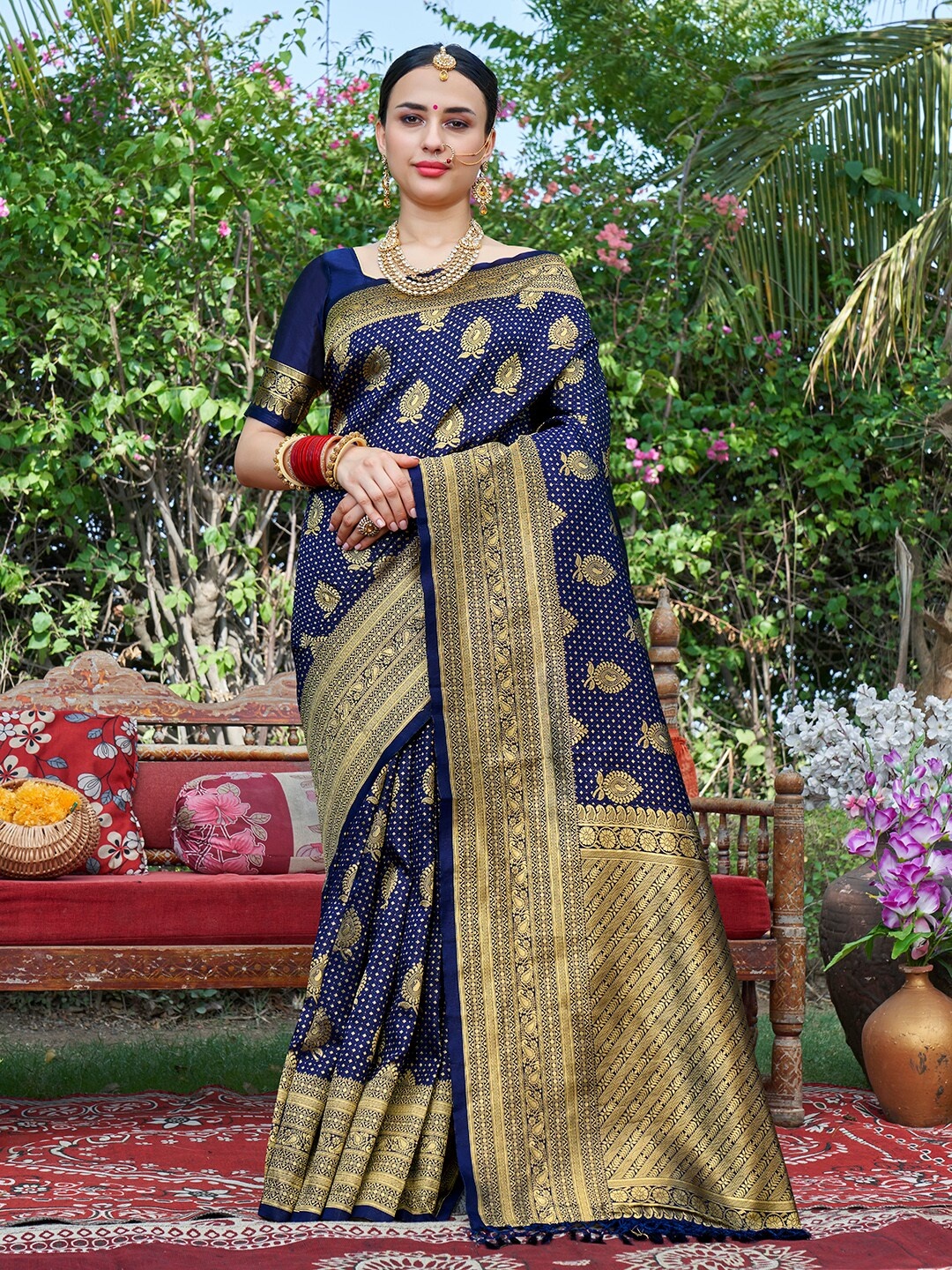 

Anouk Blue & Gold-Toned Ethnic Motifs Woven Design Zari Banarasi Saree