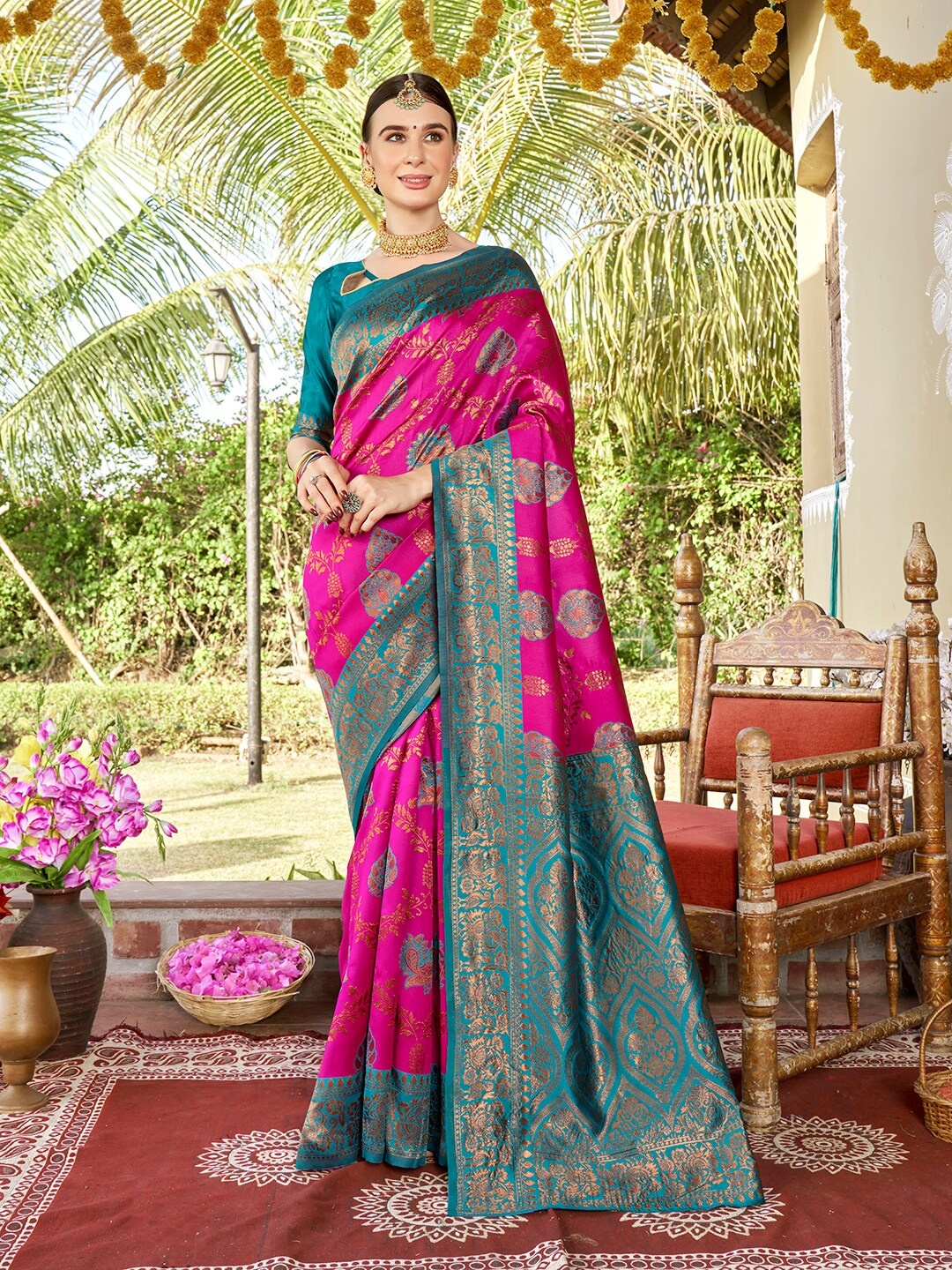 

Anouk Pink & Blue Ethnic Motifs Woven Design Zari Kanjeevaram Saree