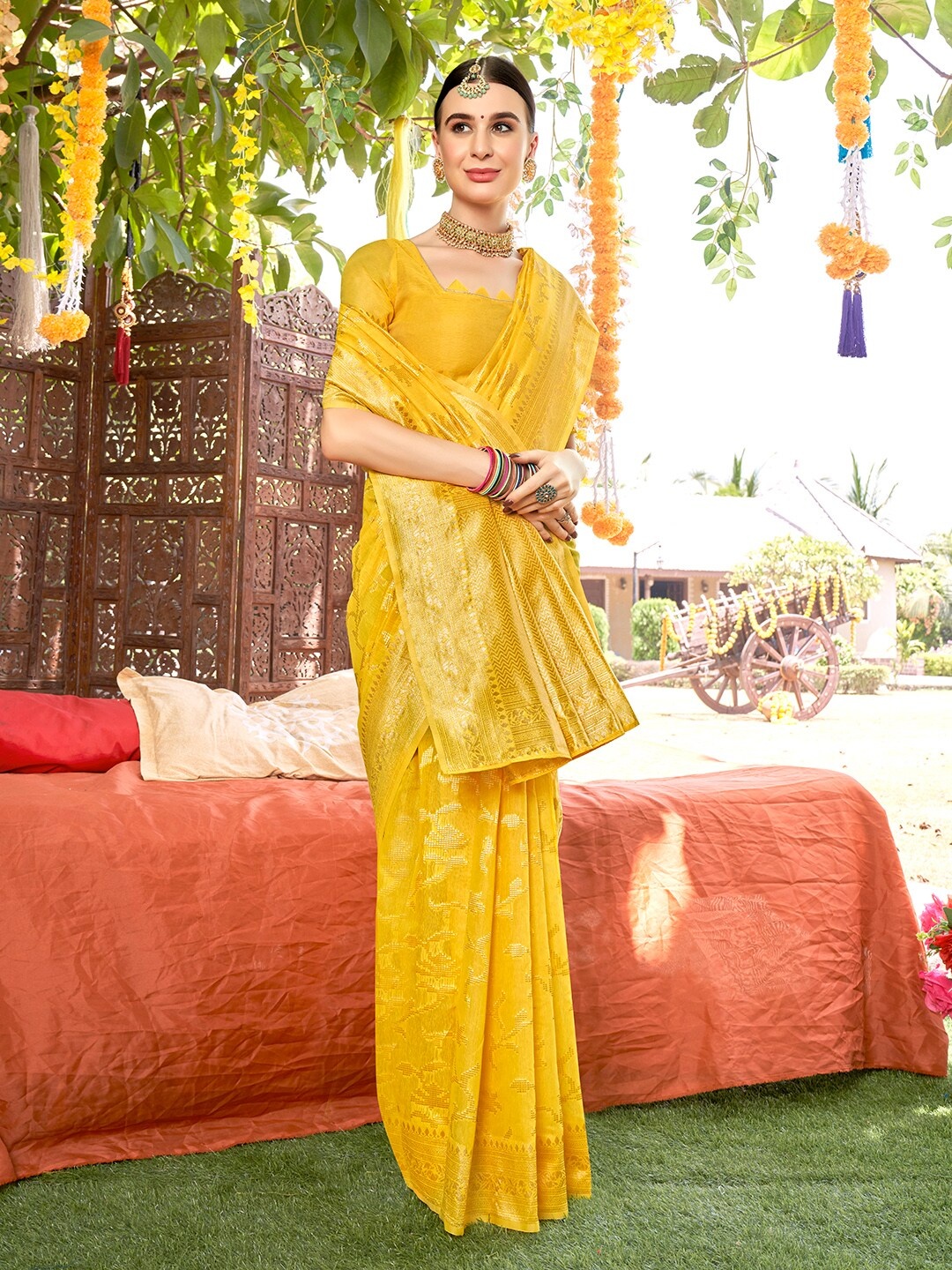 

Anouk Yellow Ethnic Motifs Woven Design Zari Chanderi Saree