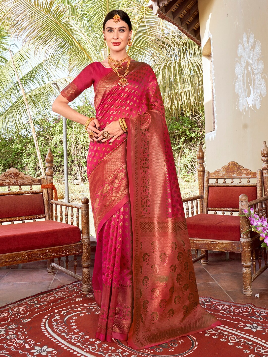 

Anouk Rustic Pink Ethnic Motifs Woven Design Zari Banarasi Saree