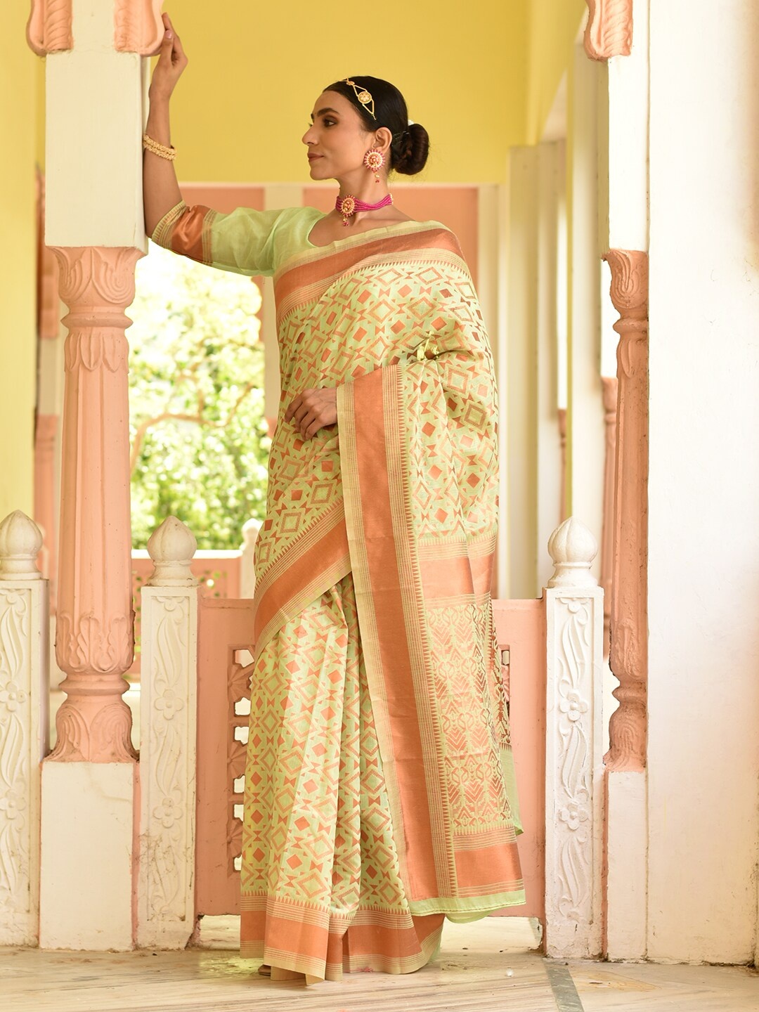 

Anouk Lime Green Geometric Woven Design Zari Chanderi Saree