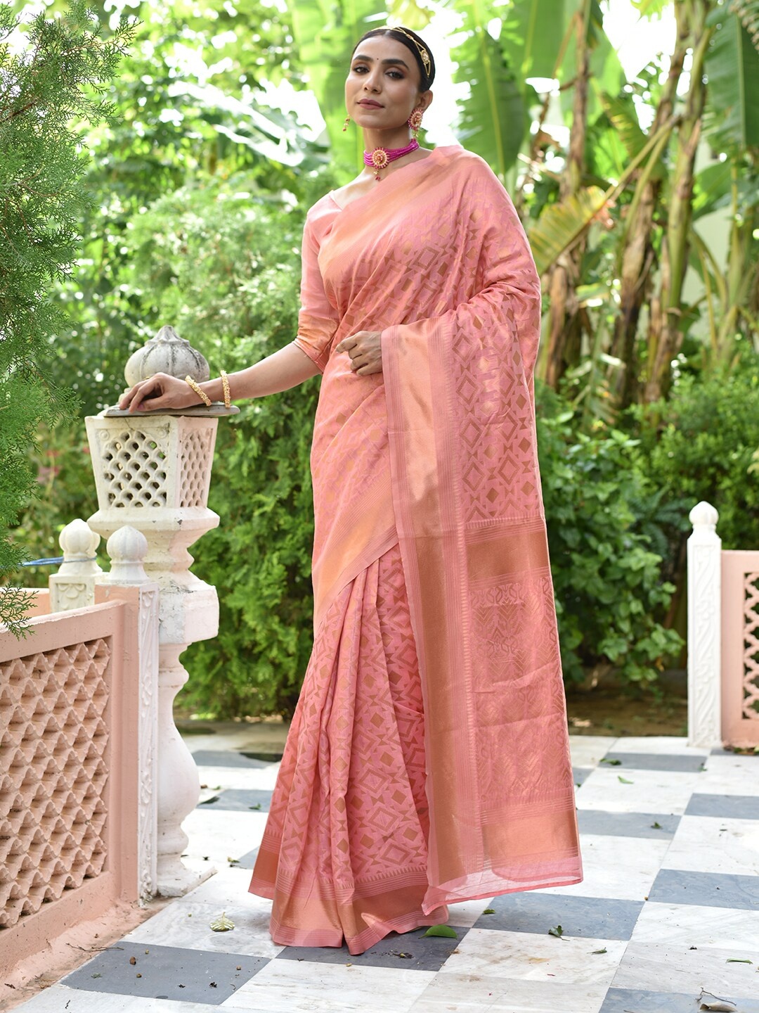 

Anouk Pink & Gold-Toned Ethnic Motifs Woven Design Zari Chanderi Saree