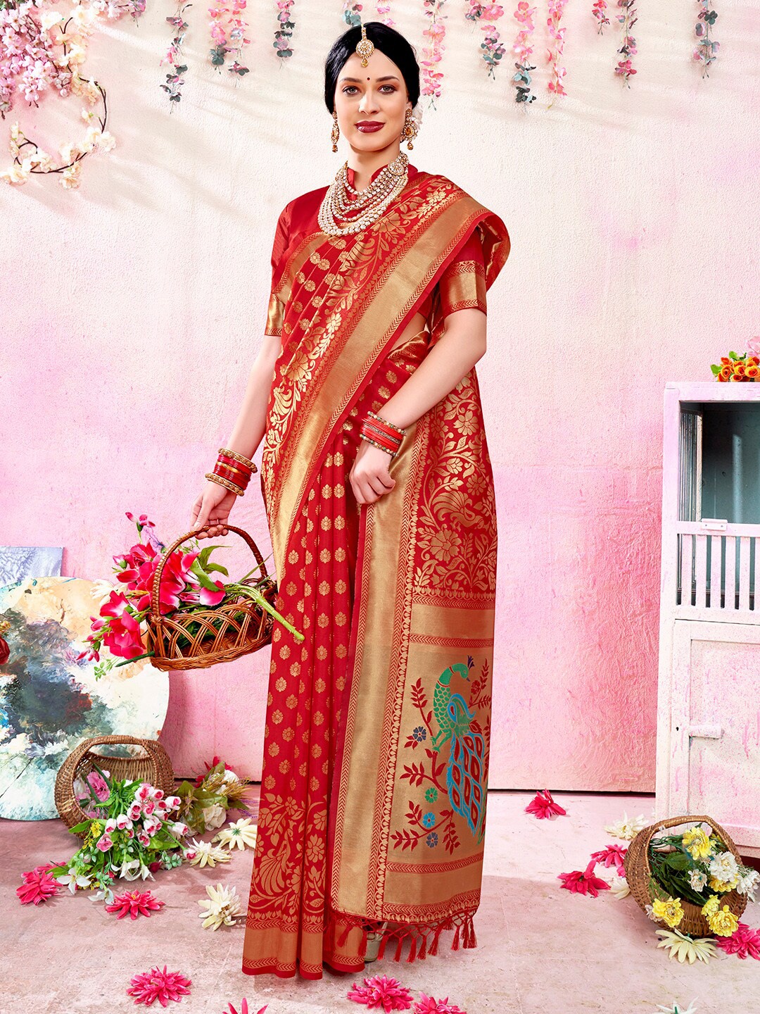 

Anouk Red & Gold Floral Woven Design Zari Banarasi Saree