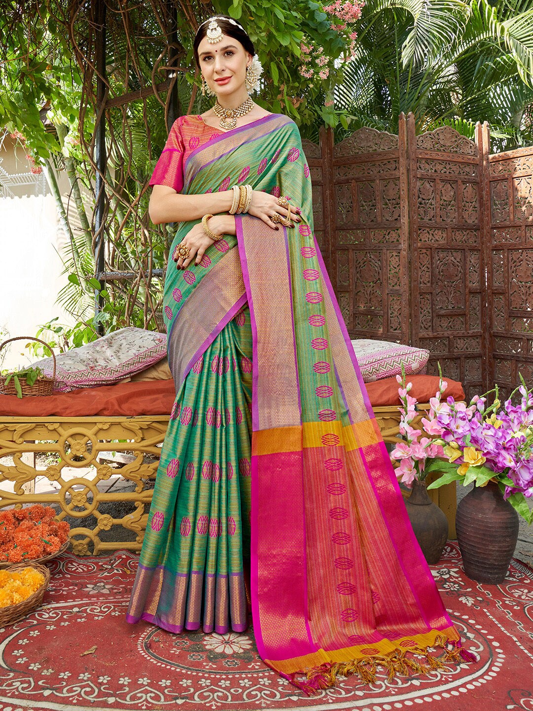 

Anouk Lime Green & Pink Ethnic Motifs Woven Design Zari Banarasi Saree