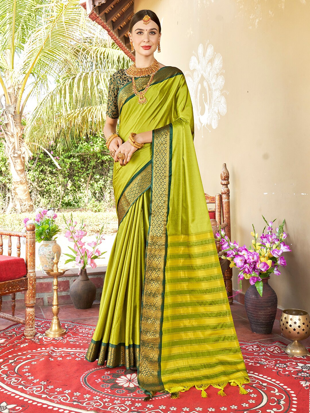 

Anouk Lime Green & Olive Green Woven Design Border Zari Saree