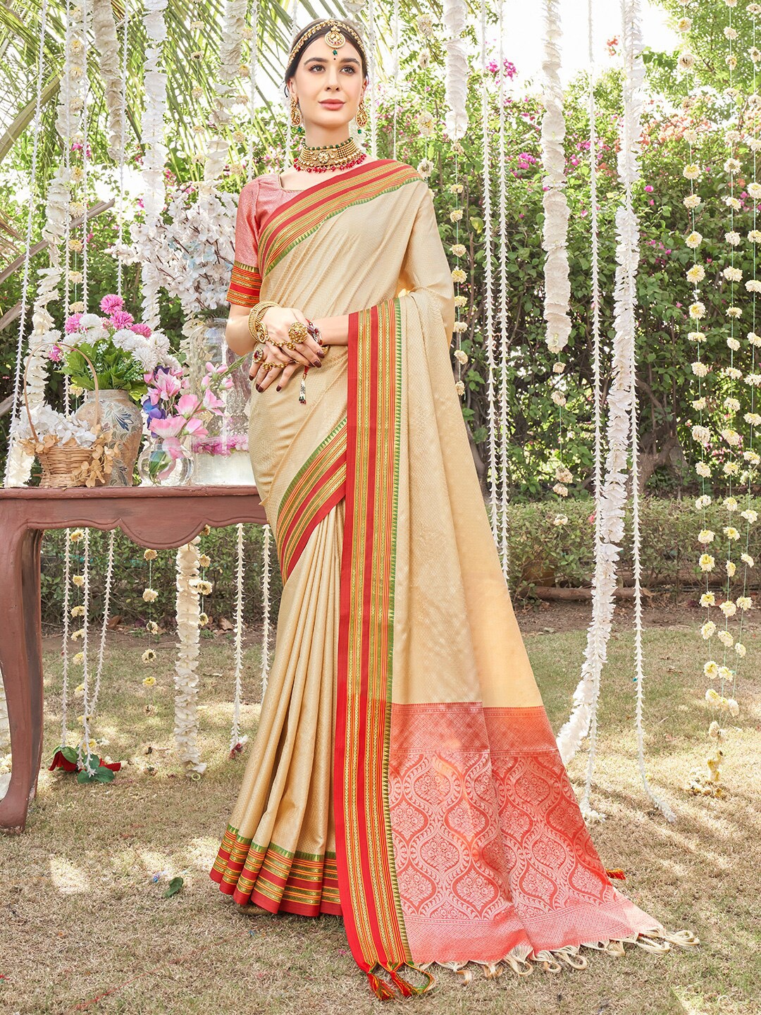 

Anouk Cream-Coloured & Red Geometric Woven Design Zari Kanjeevaram Saree