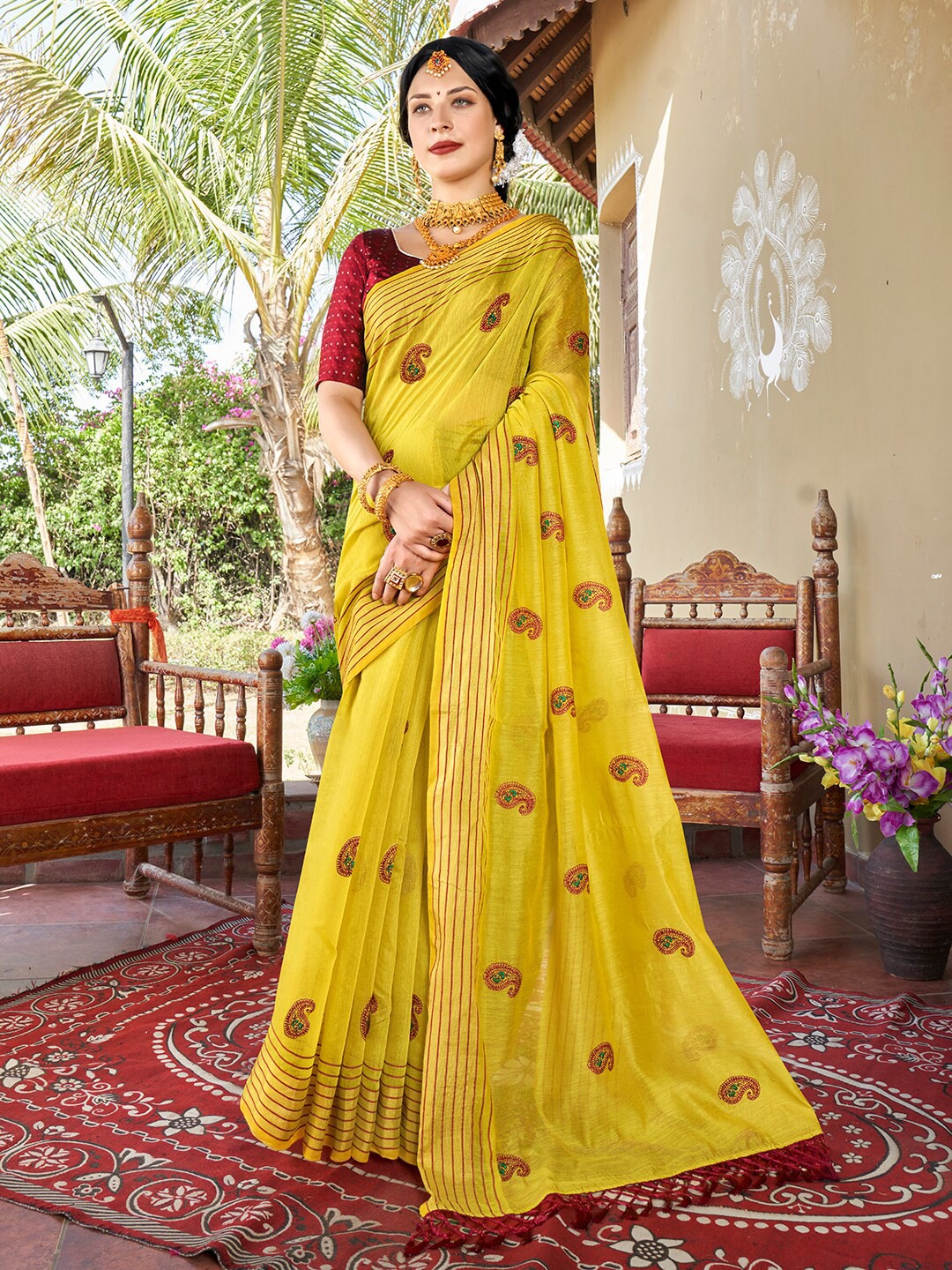 

Anouk Yellow & Red Paisley Embroidered Chanderi Saree