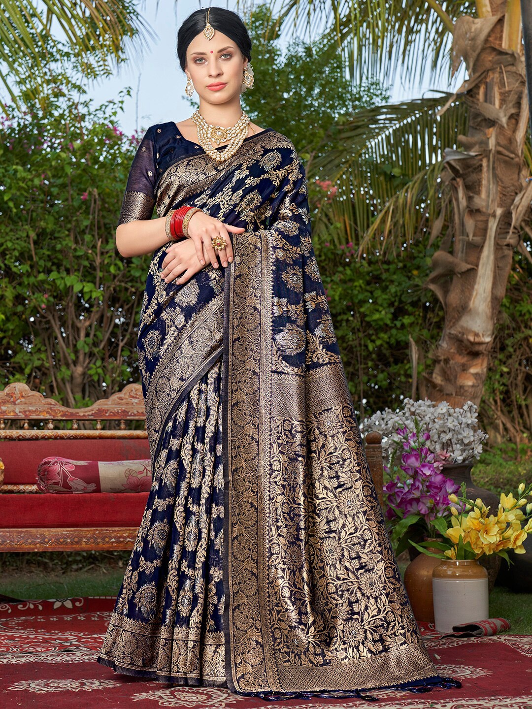 

Anouk Blue & Gold Woven Design Zari Detailed Art Silk Banarasi Saree