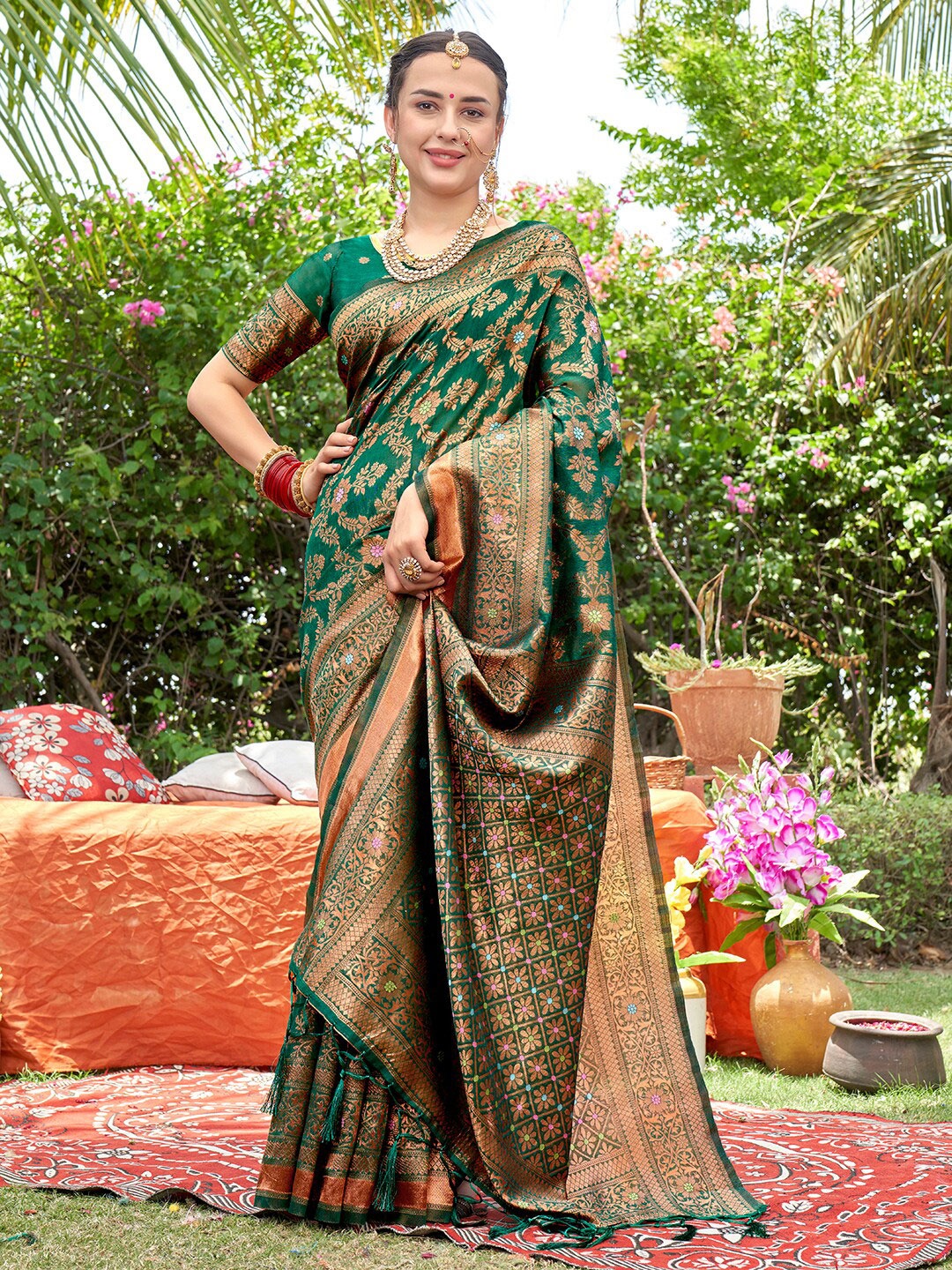 

Anouk Lime Green, Pink & Gold Woven Design Zari Detailed Art Silk Banarasi Saree