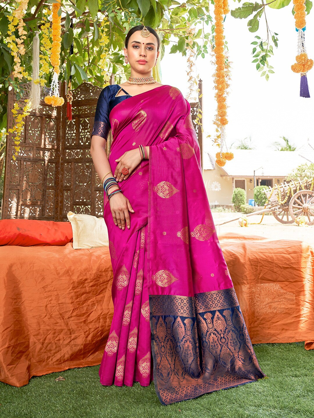 

Anouk Rustic Pink, Blue & Gold Woven Design Zari Detailed Art Silk Banarasi Saree