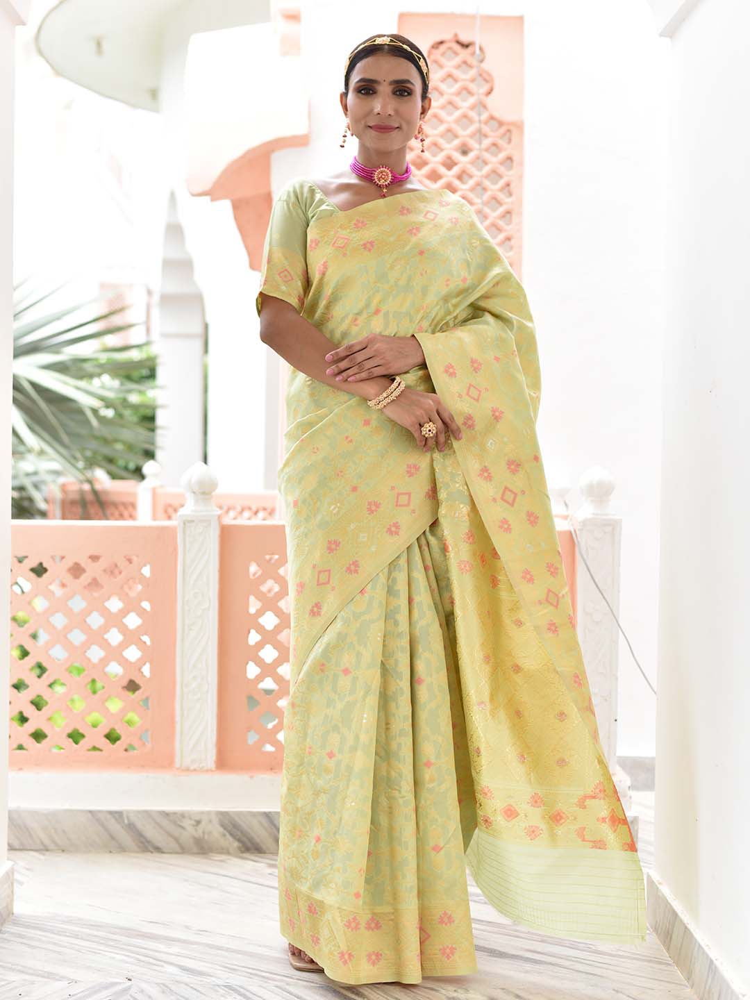 

Anouk Woven Design Zari Chanderi Saree, Lime green