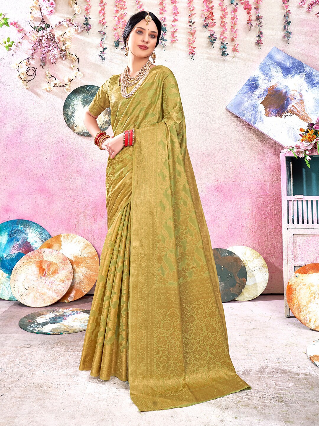 

Anouk Woven Design Zari Saree, Lime green