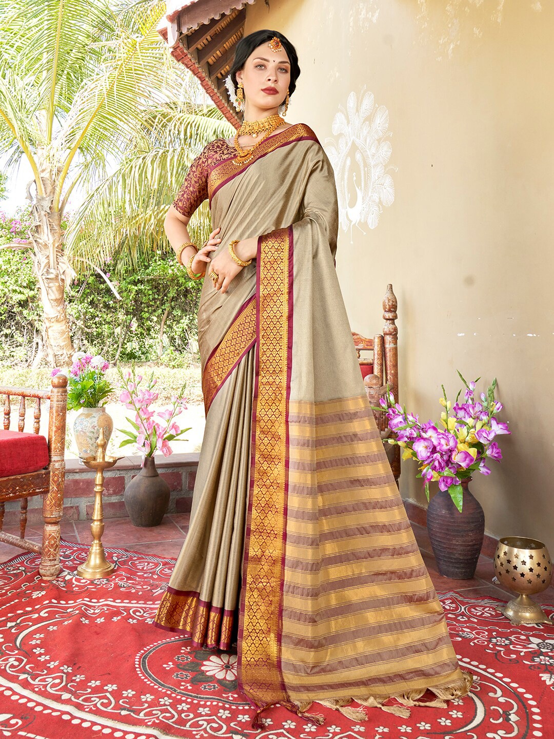 

Anouk Cream-Coloured & Maroon Woven Design Zari Art Silk Saree