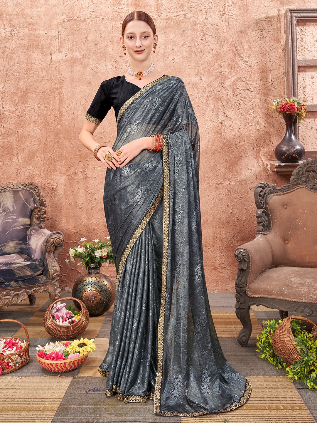 

Anouk Grey & Black Floral Woven Design Zari Art Silk Saree