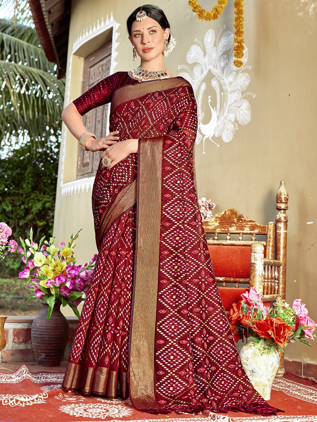 

Anouk Maroon & White Ethnic Motifs Printed Zari Art Silk Chanderi Saree