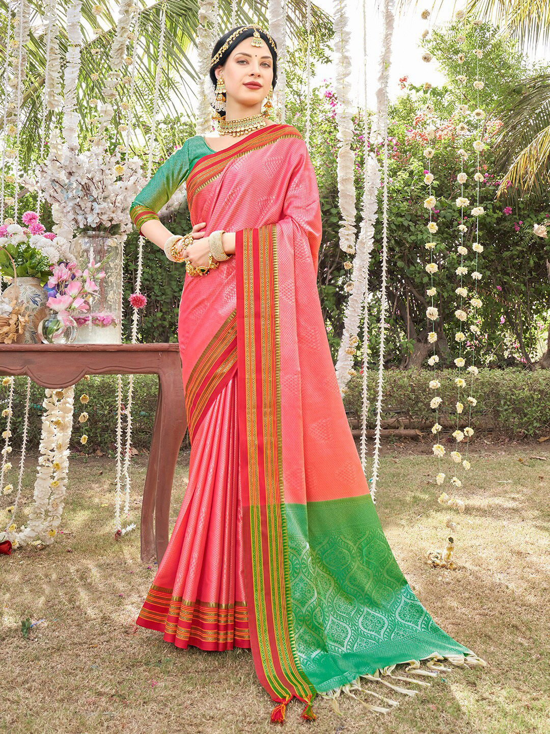 

Anouk Pink & Green Ethnic Motifs Woven Design Zari Art Silk Kanjeevaram Saree