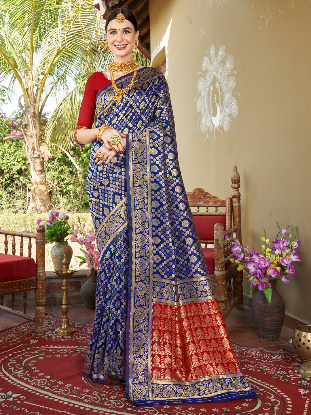 

Anouk Blue & Red Ethnic Motifs Woven Design Zari Art Silk Banarasi Saree