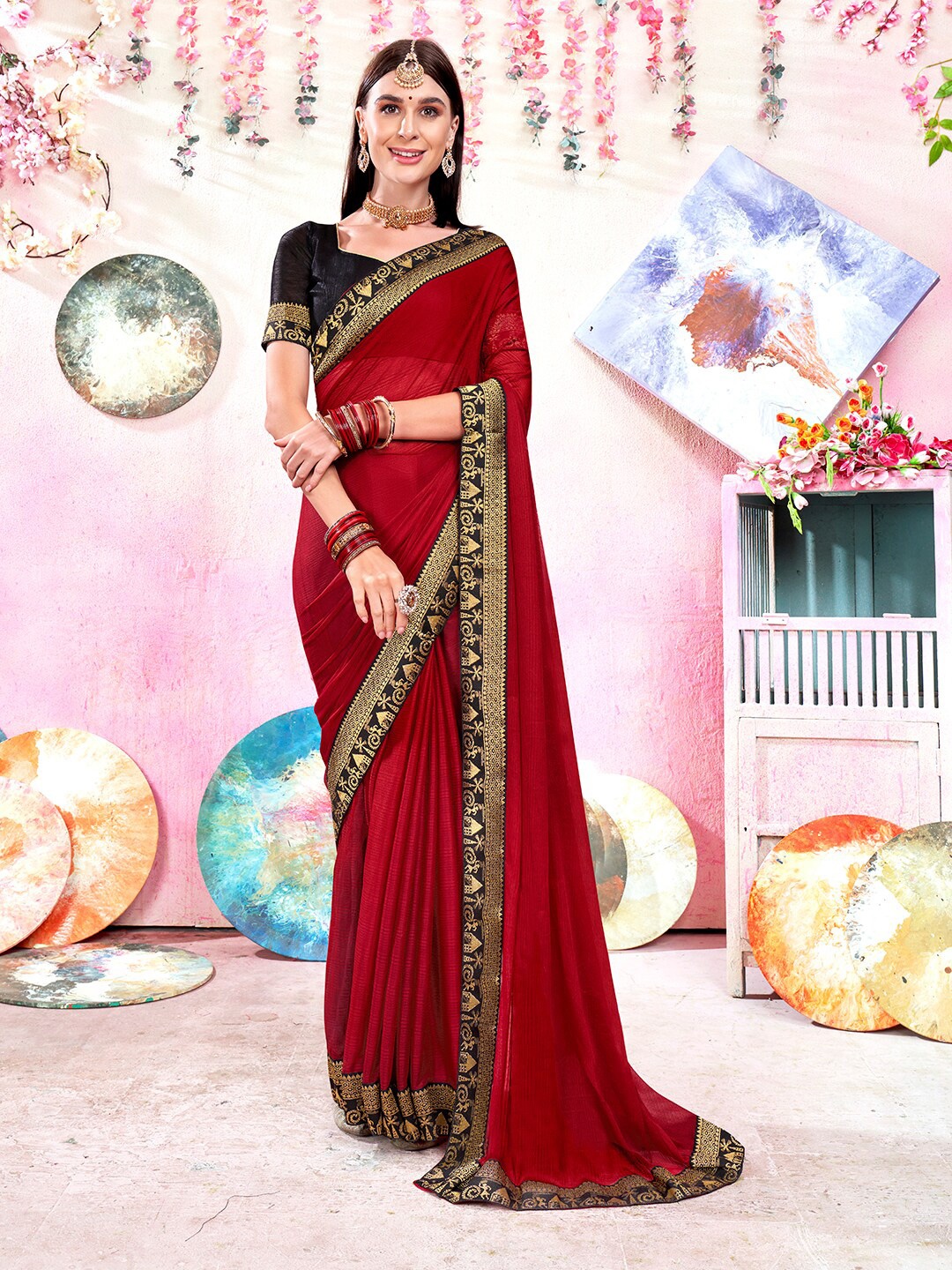 

Anouk Maroon & Black Woven Design Zari Saree