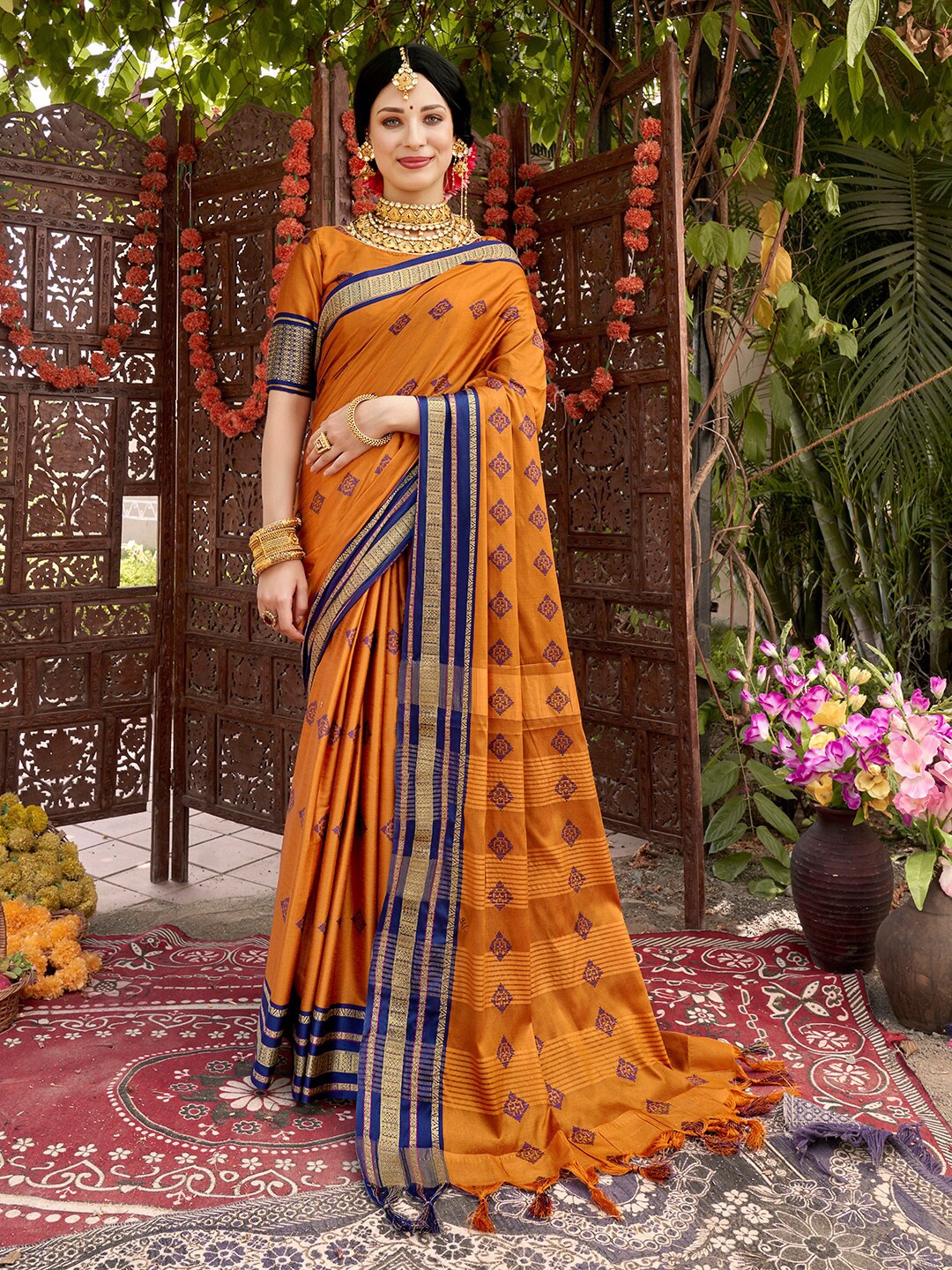 

Anouk Yellow & Blue Ethnic Motifs Woven Design Zari Banarasi Saree
