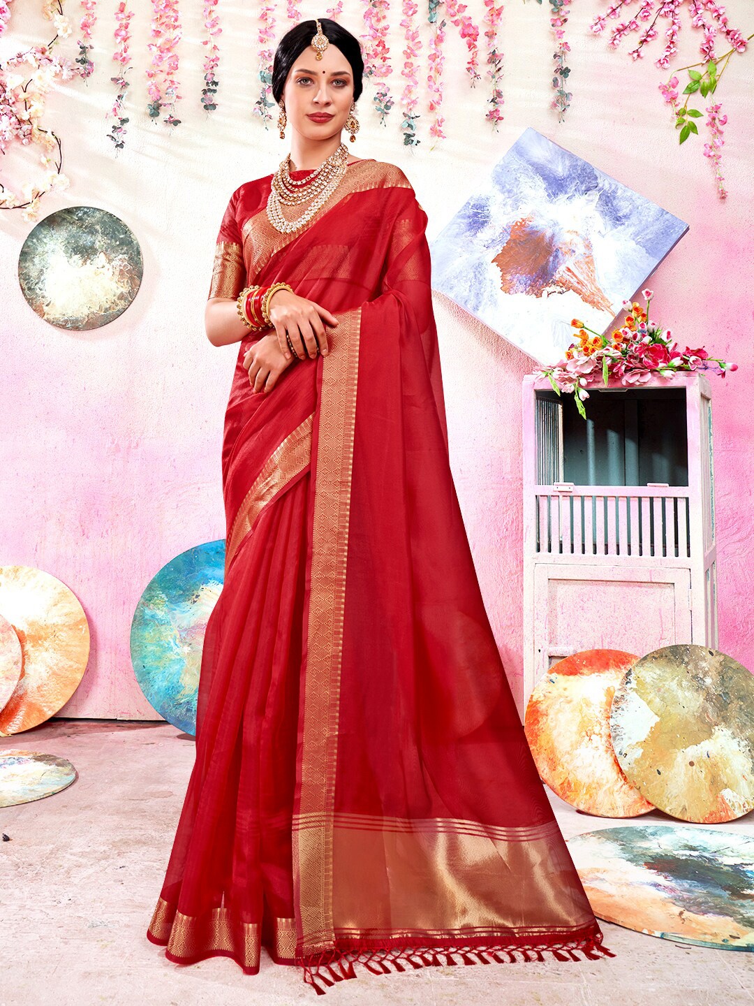 

Anouk Red & Gold-Toned Woven Design Zari Saree