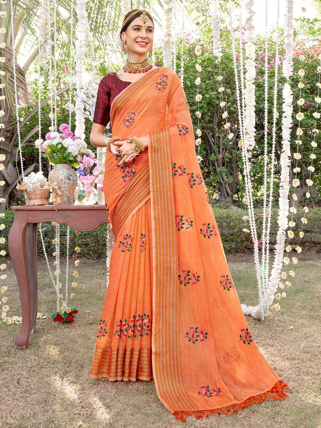 

Anouk Orange-Coloured & Pink Floral Embroidered Silk Cotton Chanderi Saree