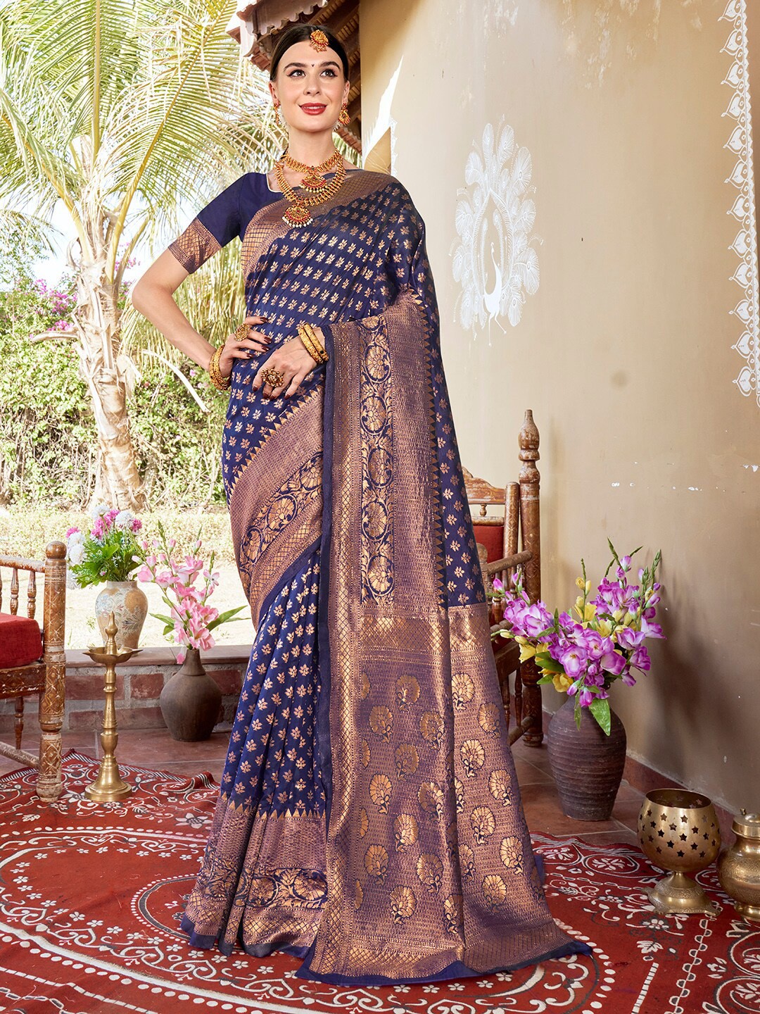 

Anouk Blue Ethnic Motifs Woven Design Zari Banarasi Saree