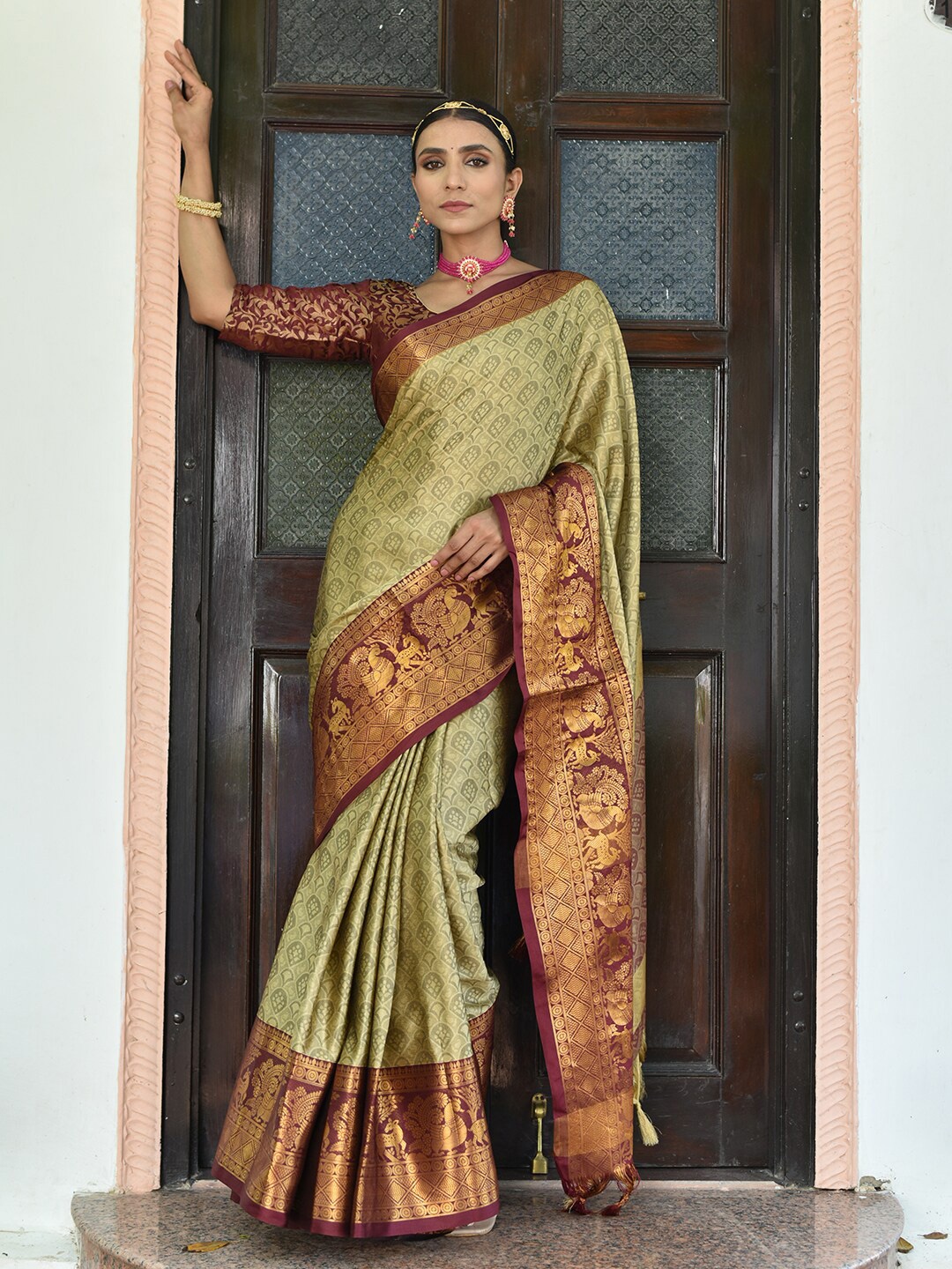 

Anouk Green Ethnic Motifs Woven Design Zari Kanjeevaram Saree