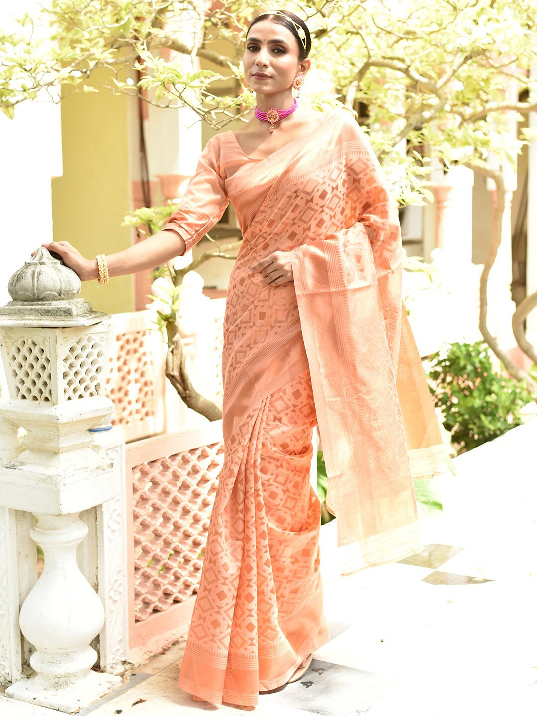 

Anouk Rustic Geometric Woven Design Zari Saree, Orange