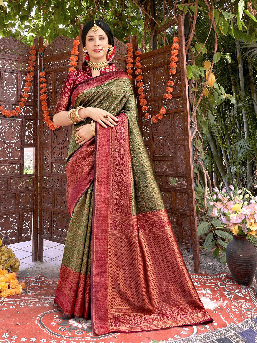 

Anouk Woven Design Zari Kanjeevaram Saree, Green