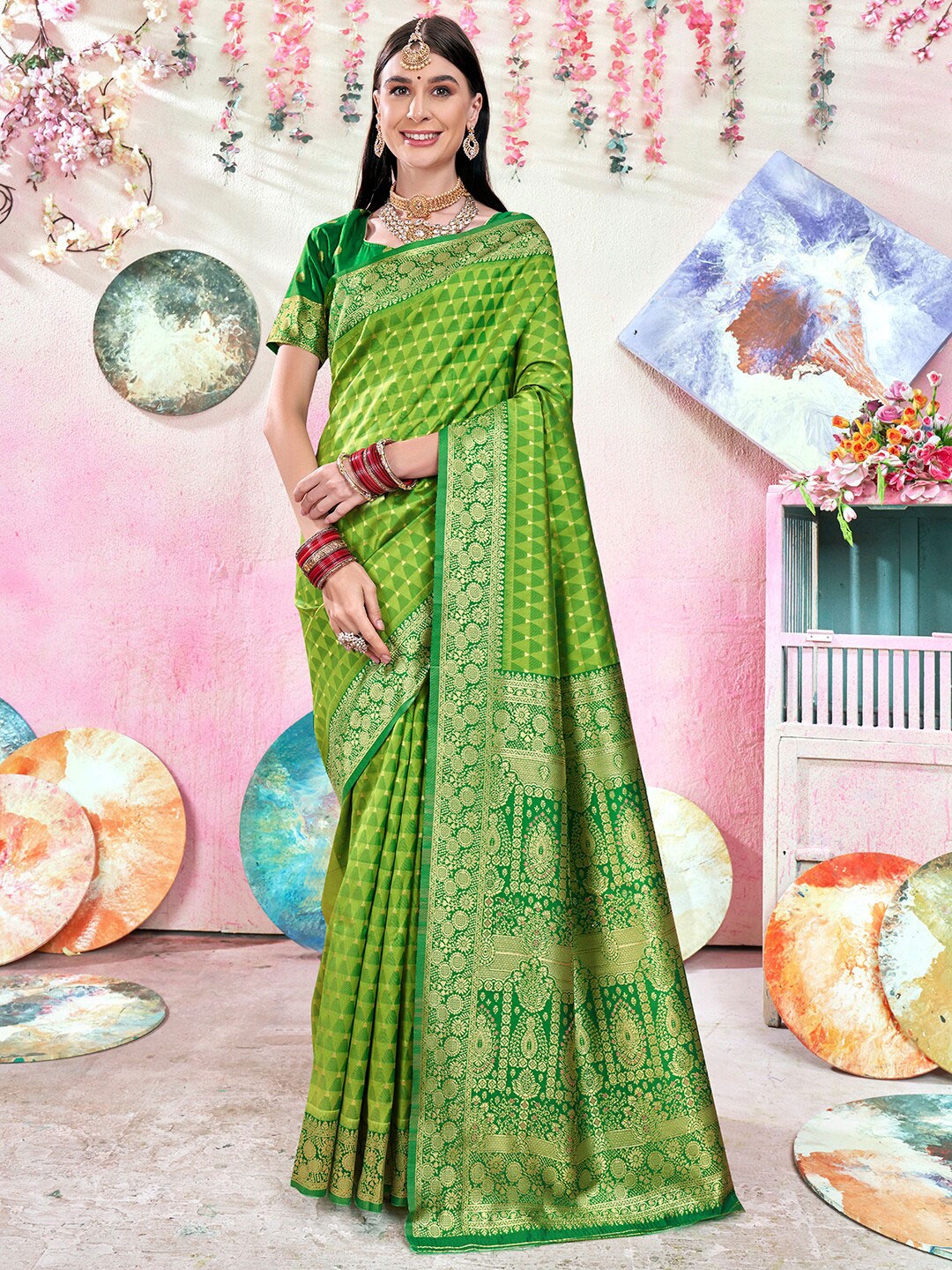 

Anouk Geometric Woven Design Zari Detail Banarasi Saree, Lime green