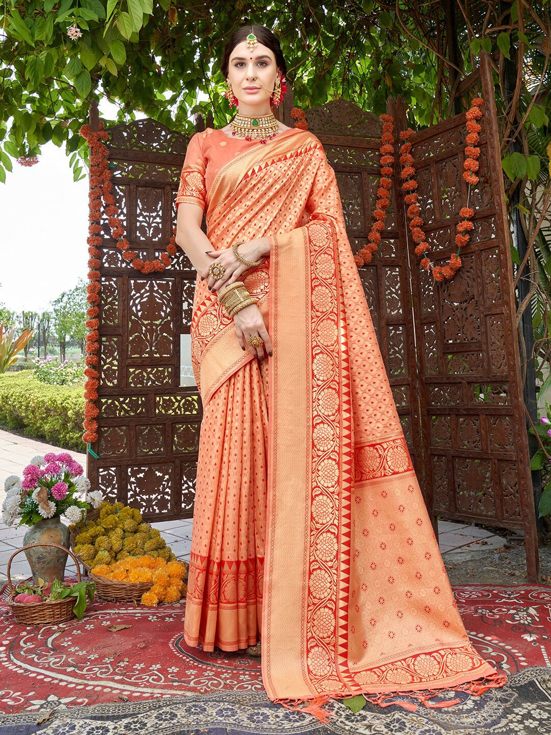 

Anouk Ethnic Motifs Woven Design Zari Detail Banarasi Saree, Peach