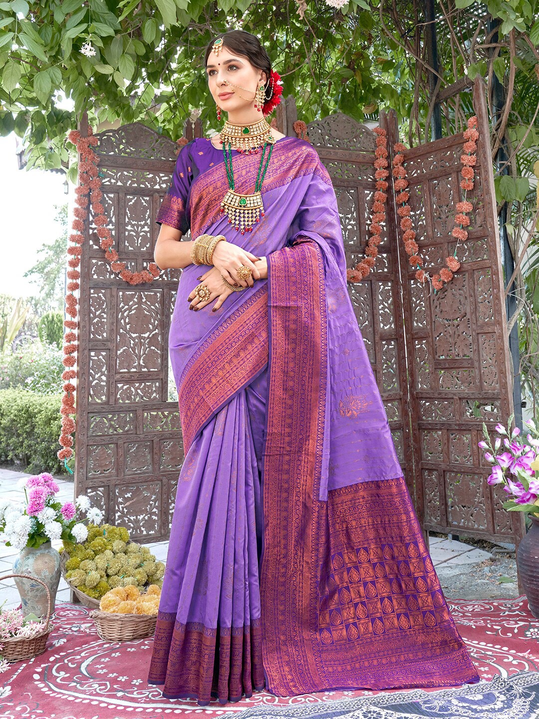 

Anouk Anouk Ethnic Motifs Woven Design Zari Detail Chanderi Saree, Purple