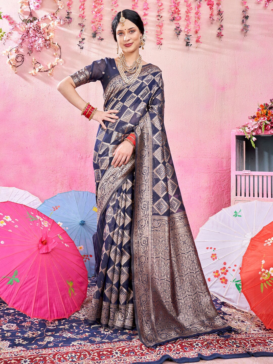 

Anouk Geometric Woven Design Zari Detail Chanderi Saree, Blue