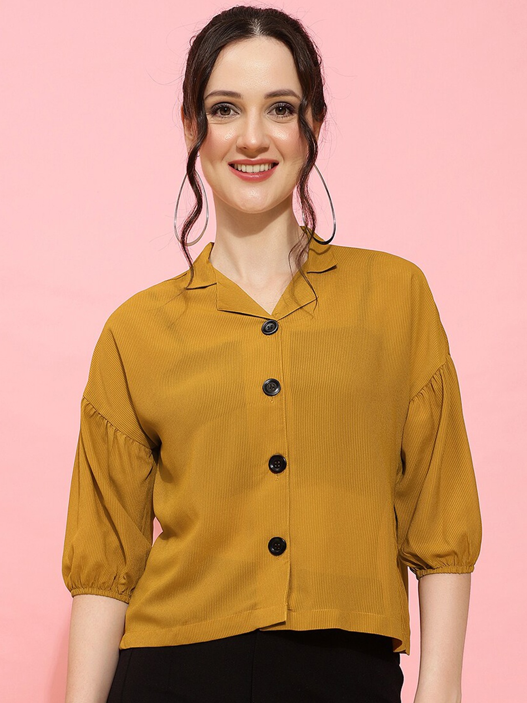 

J Turritopsis Classic Oversized Cuban Collar Puff Sleeve Georgette Casual Shirt, Yellow