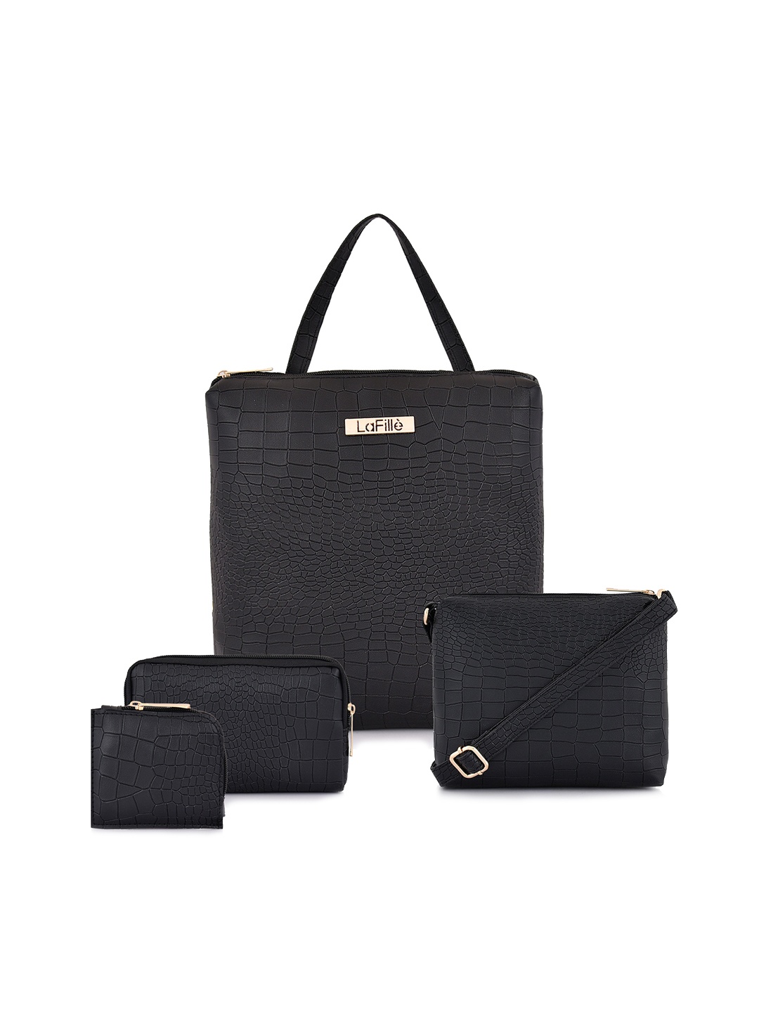 

LaFille Set Of 4 Texture Structured Water Resistent Handheld Bag, Black