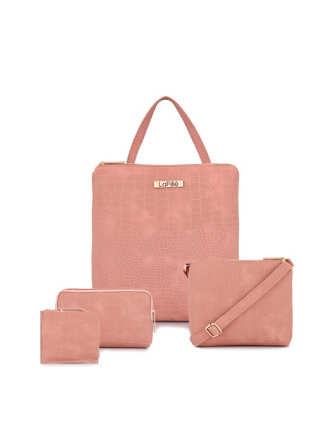 

LaFille Set Of 4 Texture Structured Water Resistent Handheld Bag, Peach