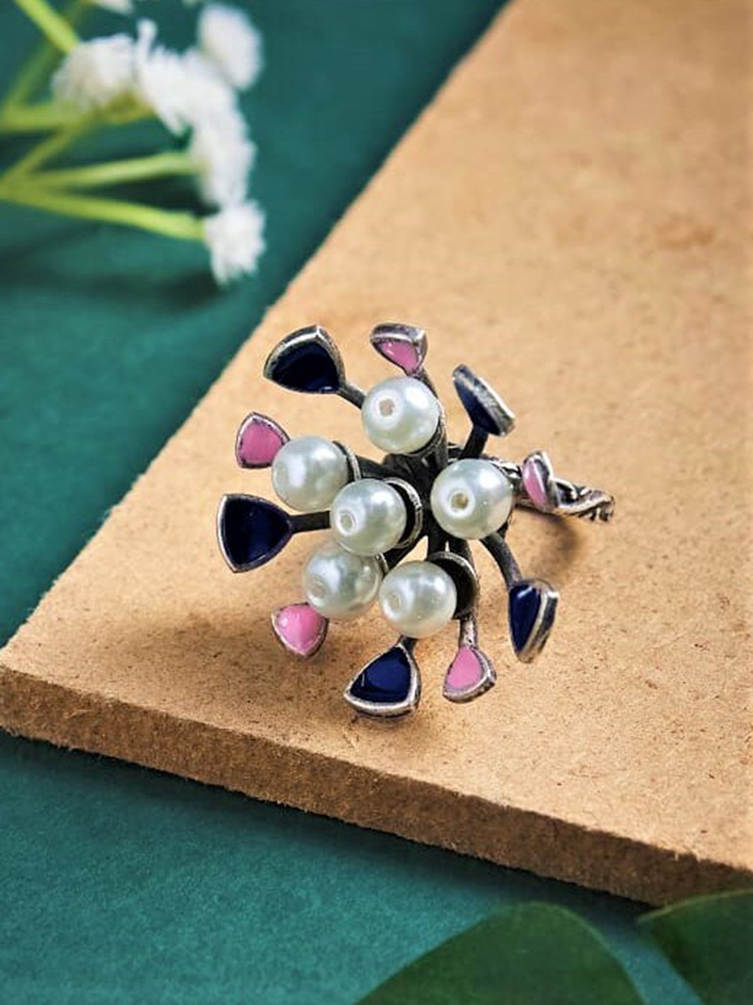 

ATIBELLE Silver-Plated Stone Studded & Floral Shaped Adjustable Finger Ring