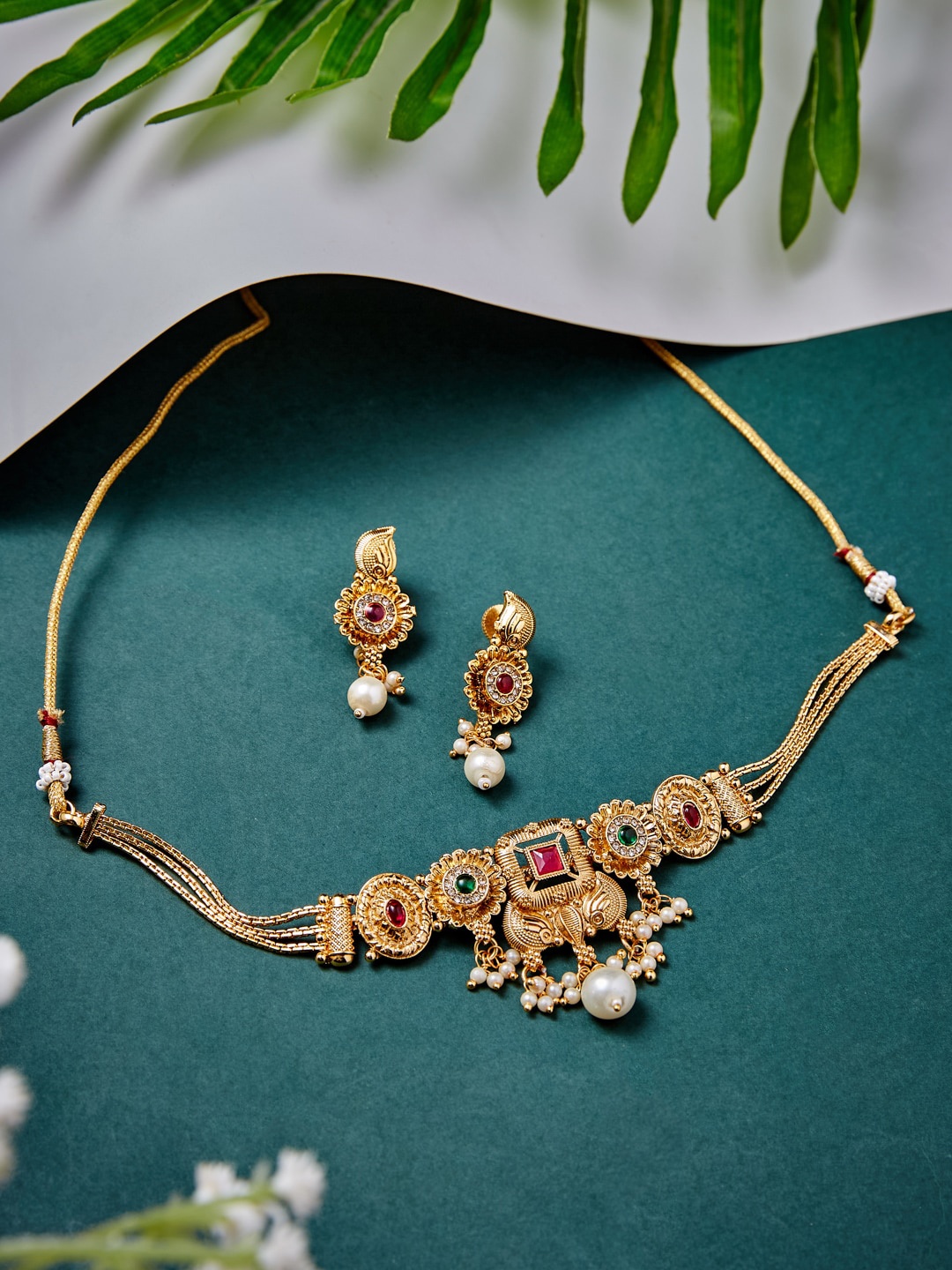 

ATIBELLE Gold-Plated Stone-Studded & Beaded Necklace & Earrings