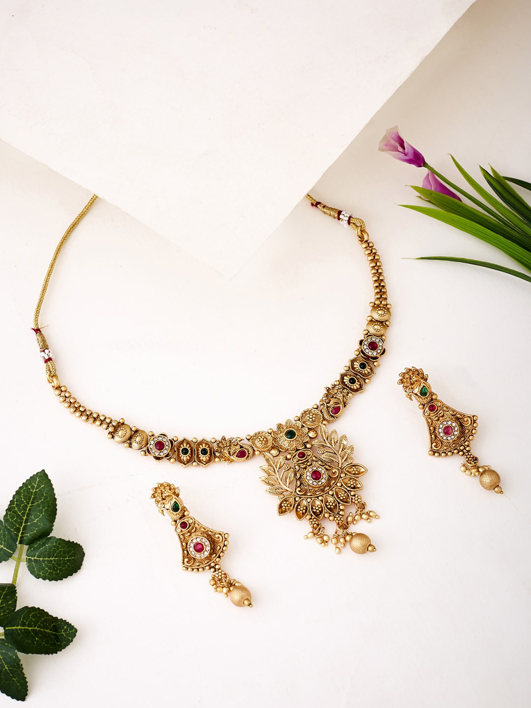 

ATIBELLE Gold-Plated Stone-Studded & Beaded Necklace & Earrings