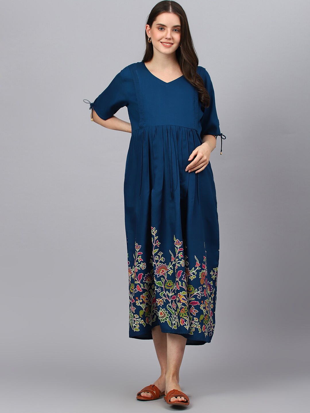 

Negen Floral Printed Maternity Fit & Flare Midi Dress, Teal