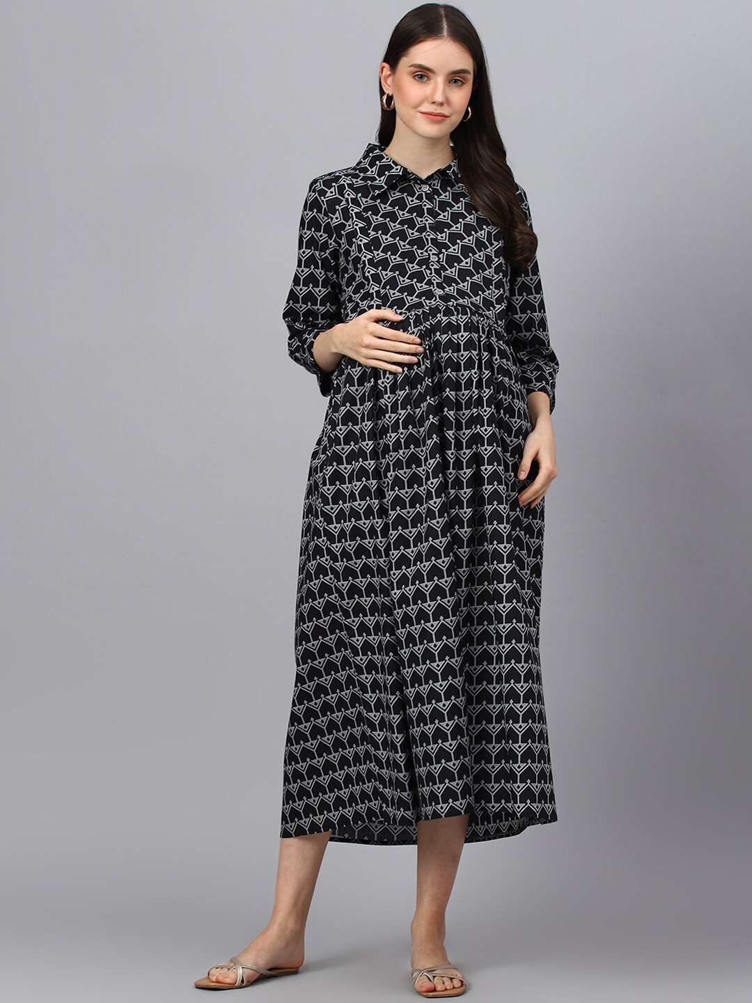 

Negen Geometric Printed Cotton Maternity Shirt Style Midi Dress, Black