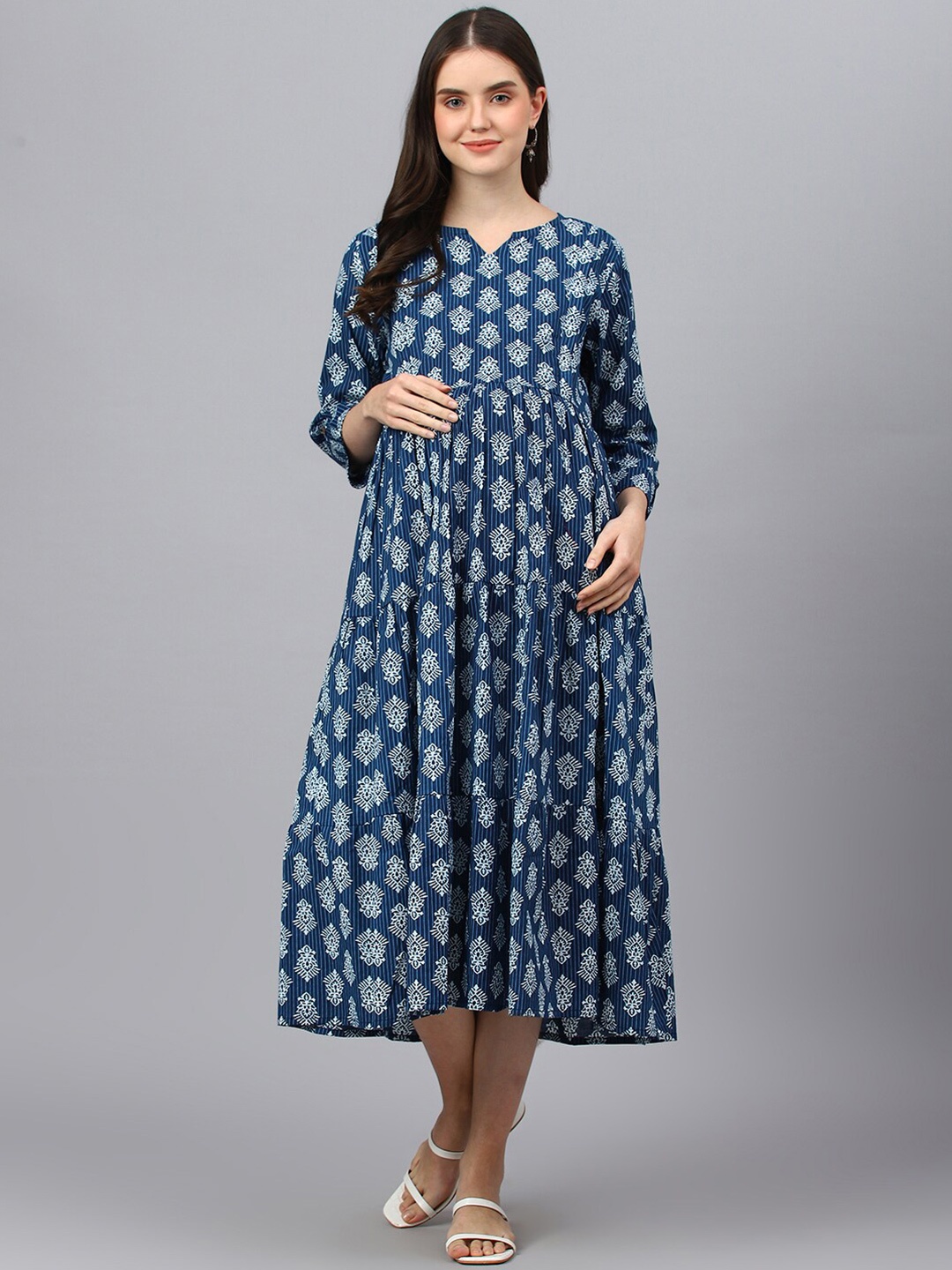 

Negen Ethnic Motifs Printed Cotton Maternity Empire Midi Dress, Blue