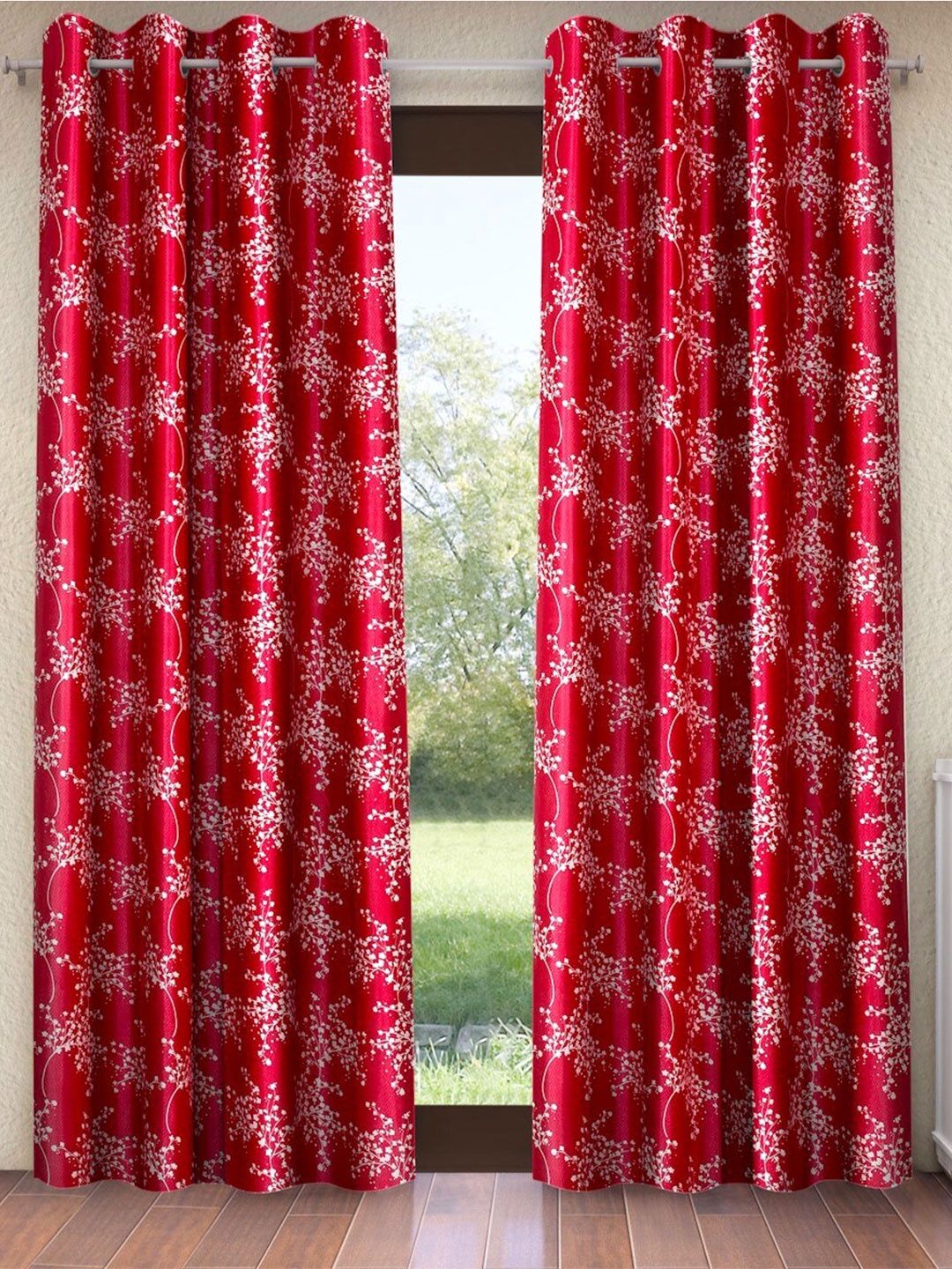 

Fashion String Maroon & White 2 Pieces Floral Window Curtain