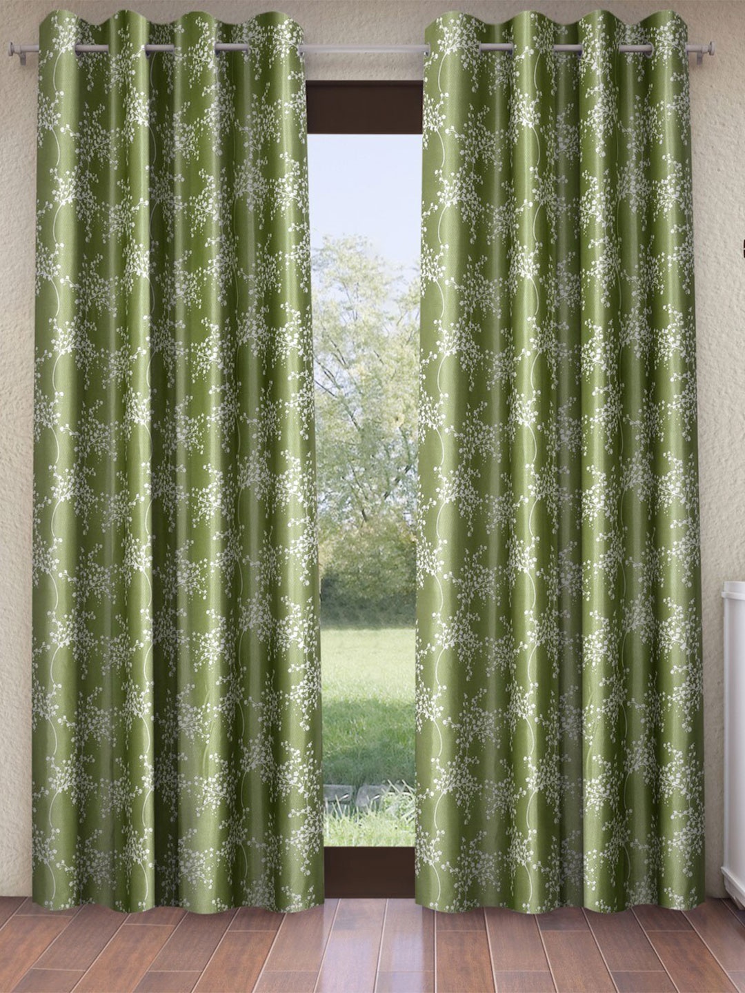 

Fashion String Green 2 Pieces Snowy Blossoms Eyelet & Window Curtains