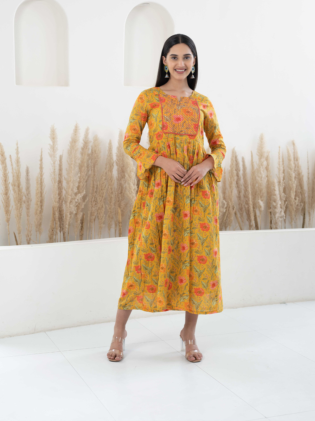 

KALINI Floral Printed Lace-Up Detail Cotton Fit and Flare Midi Dress, Mustard