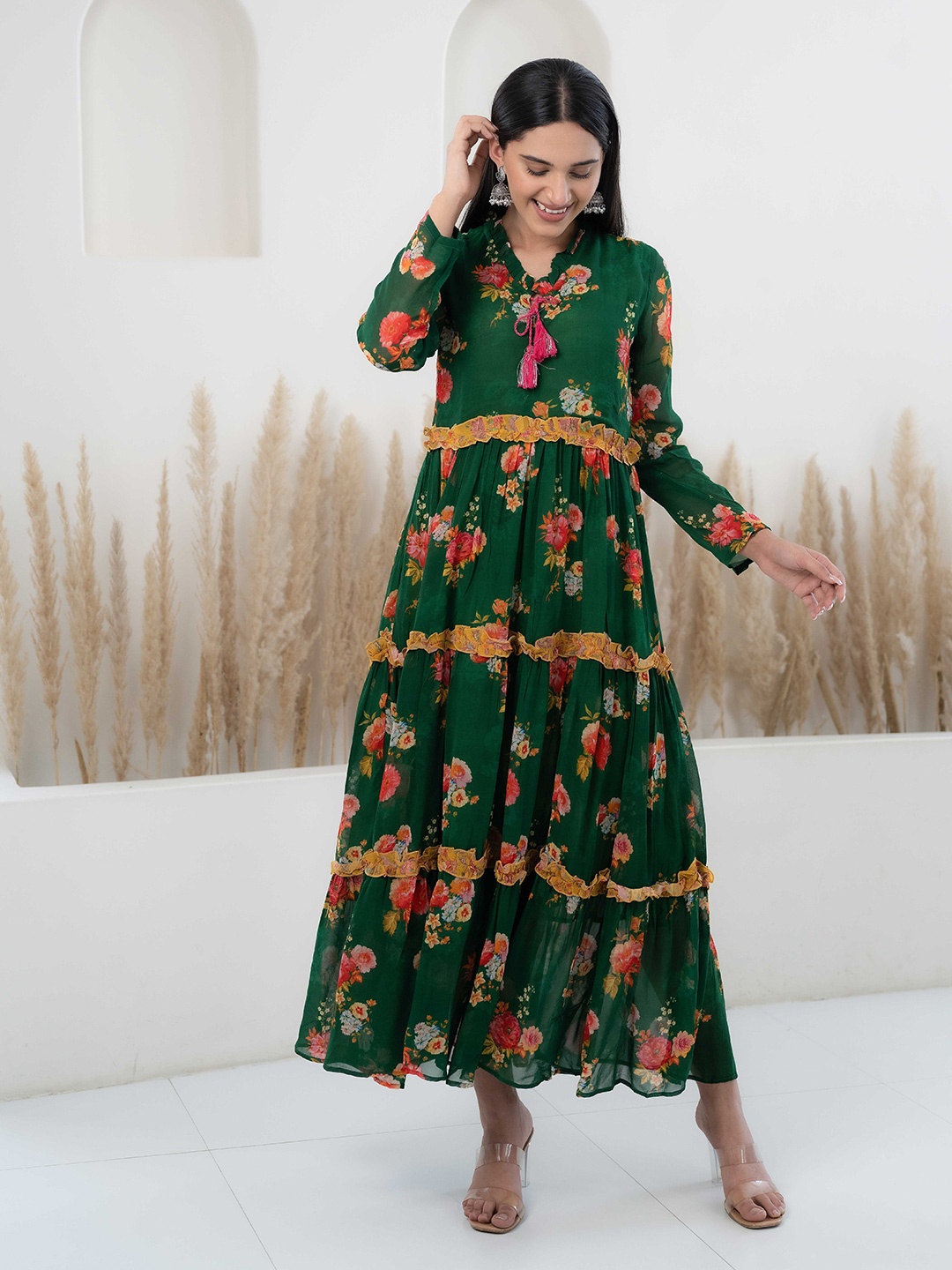 

KALINI Floral Printed Tie-Up Neck Tiered Ruffles Georgette Maxi Dress, Green