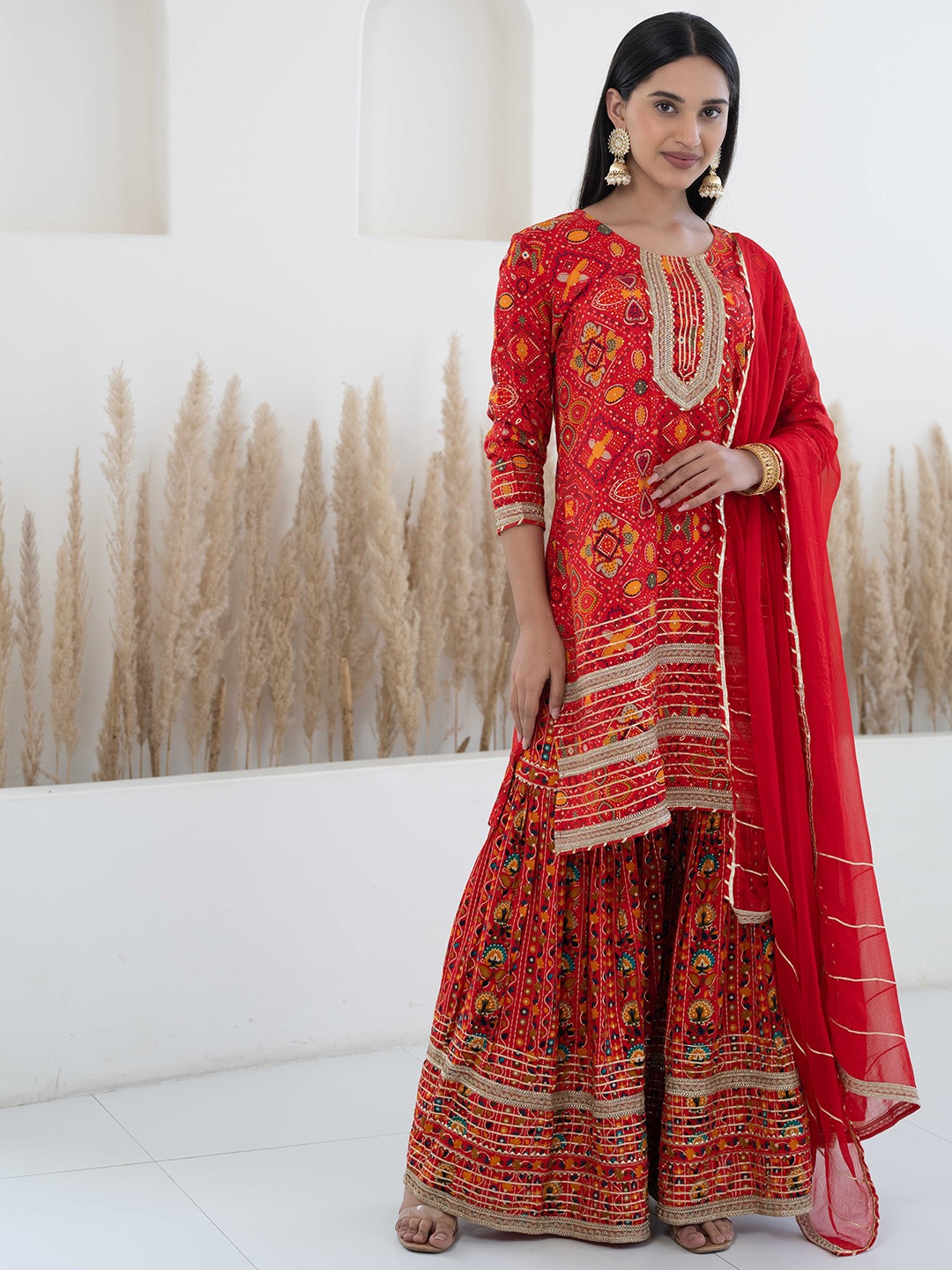 

KALINI Ethnic Motifs Printed Regular Gotta Patti Kurta With Sharara & Dupatta, Red