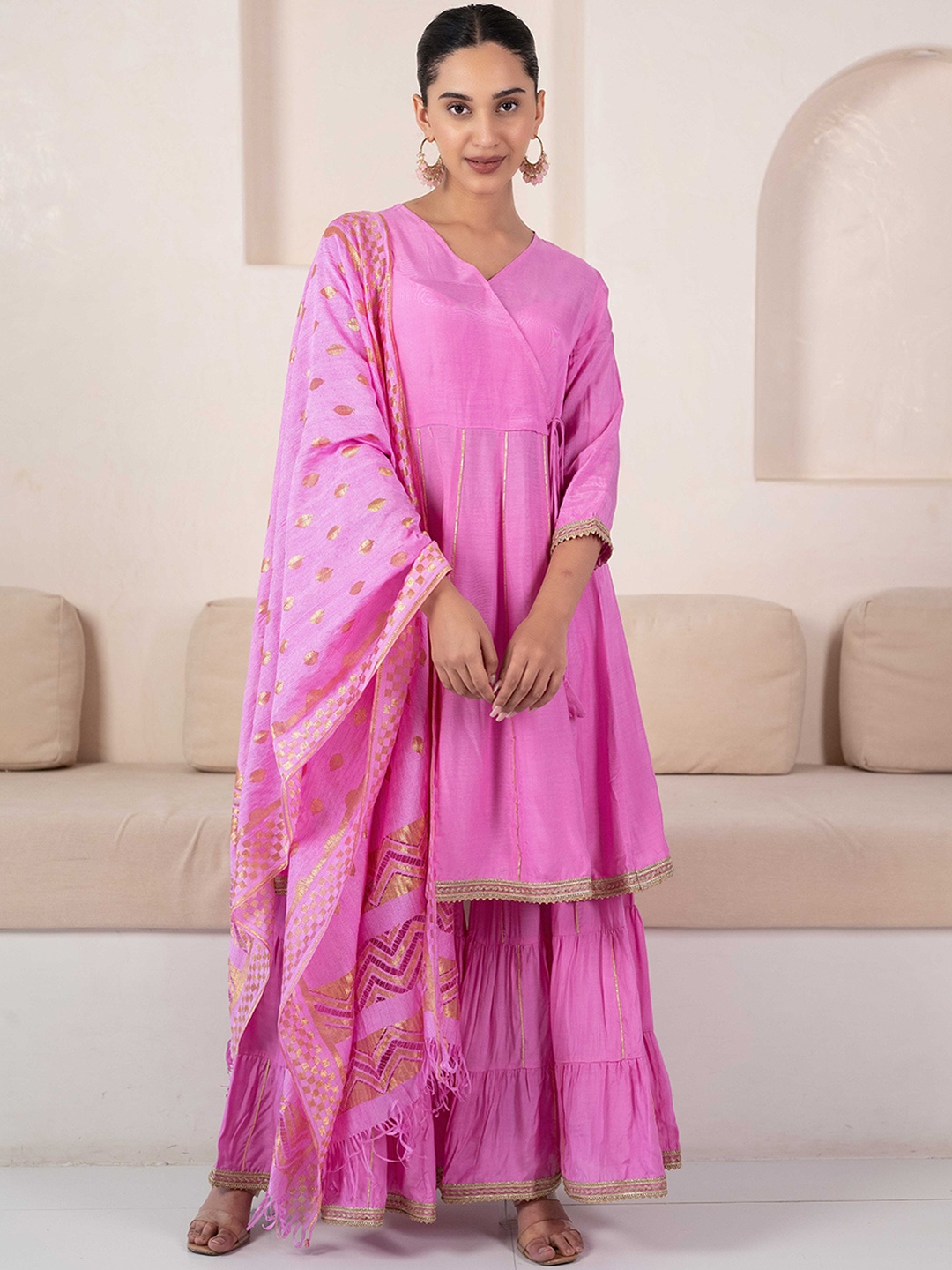 

KALINI Striped Angrakha Gotta Patti Kurta With Sharara & Dupatta, Pink