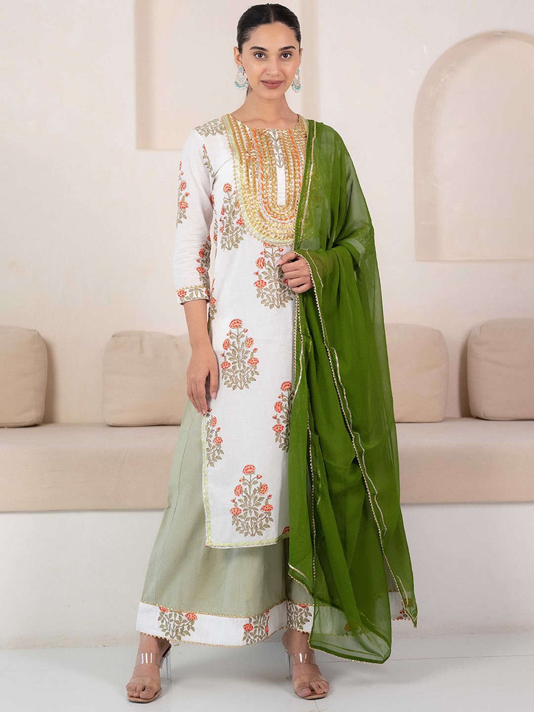 

KALINI Floral Printed Regular Gotta Patti Kurta With Palazzos & Dupatta, White